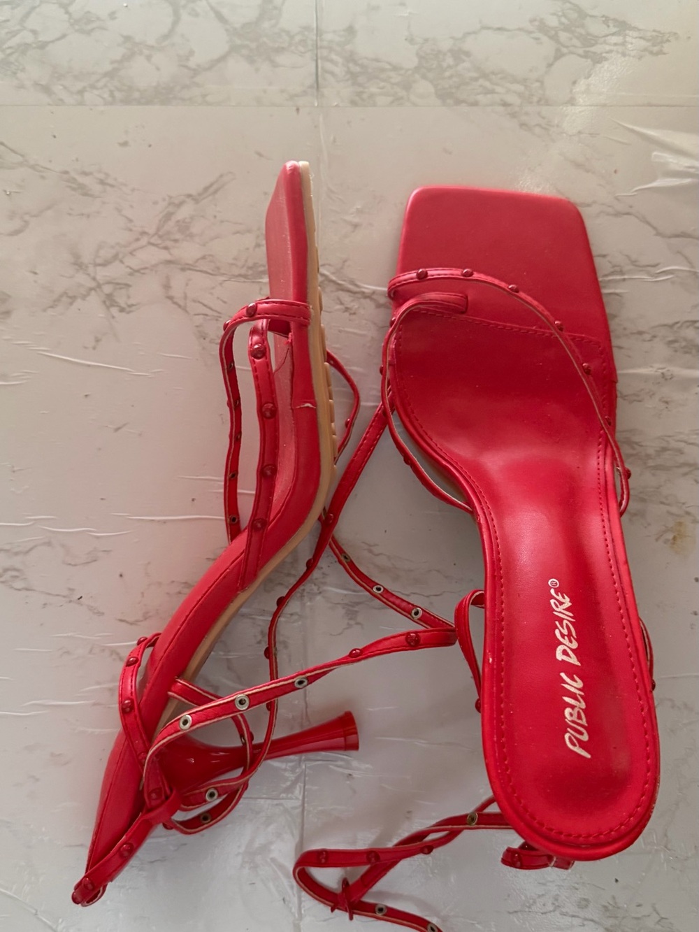 Public Desire Red Studded Strappy Square-Toe Heels